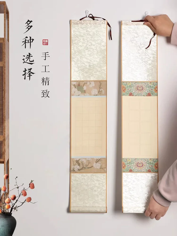 Mini Hanging Scroll Batik Xuan Paper Grid Blank Half-Ripe Rice Paper Chinese Calligraphy Painting Scroll 13.5x71cm