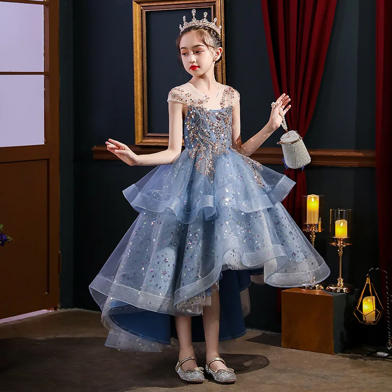 Blue Lace Flower Girl Dress Sequin Tulle Princess Dress For Girl First Communion Dress Kids Birthday Dress Child Party Vestido