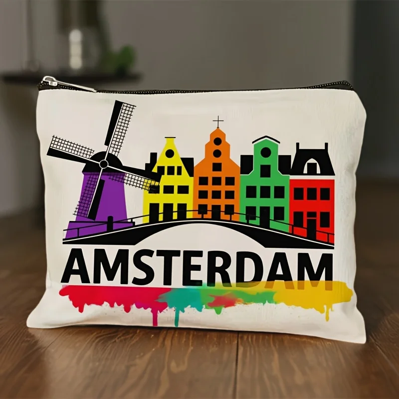 Amsterdam Windmill & Buildings Print Travel Makeup Bag - Lightweight Zipper Pouch, Multicolor Cosmetic Organizer for Women