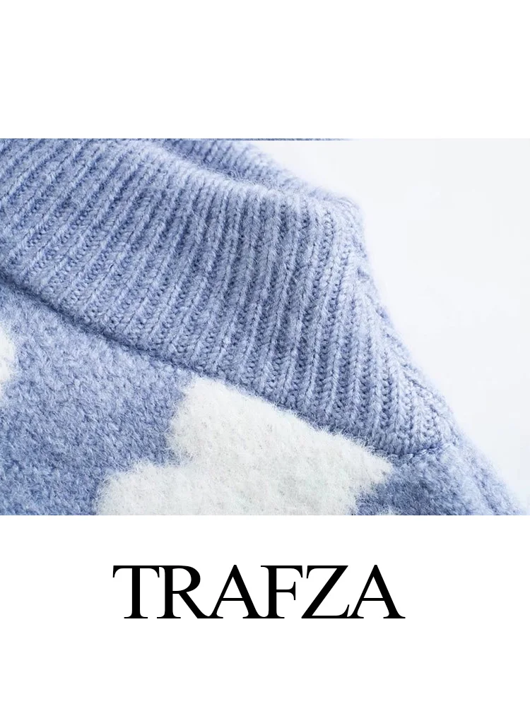 TRAFZA-Chaleco elegante de otoño para mujer, camisetas sin mangas tejidas con cuello en V, camisetas sin mangas cortas, ropa de calle femenina, chaleco con patrón de nube Jacquard