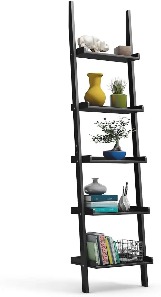 

Ladder , 5-Tier Multifunctional Modern Wood Plant Flower Book Display , Home Office Rack Leaning Ladder Wall (Black, 1) Vase