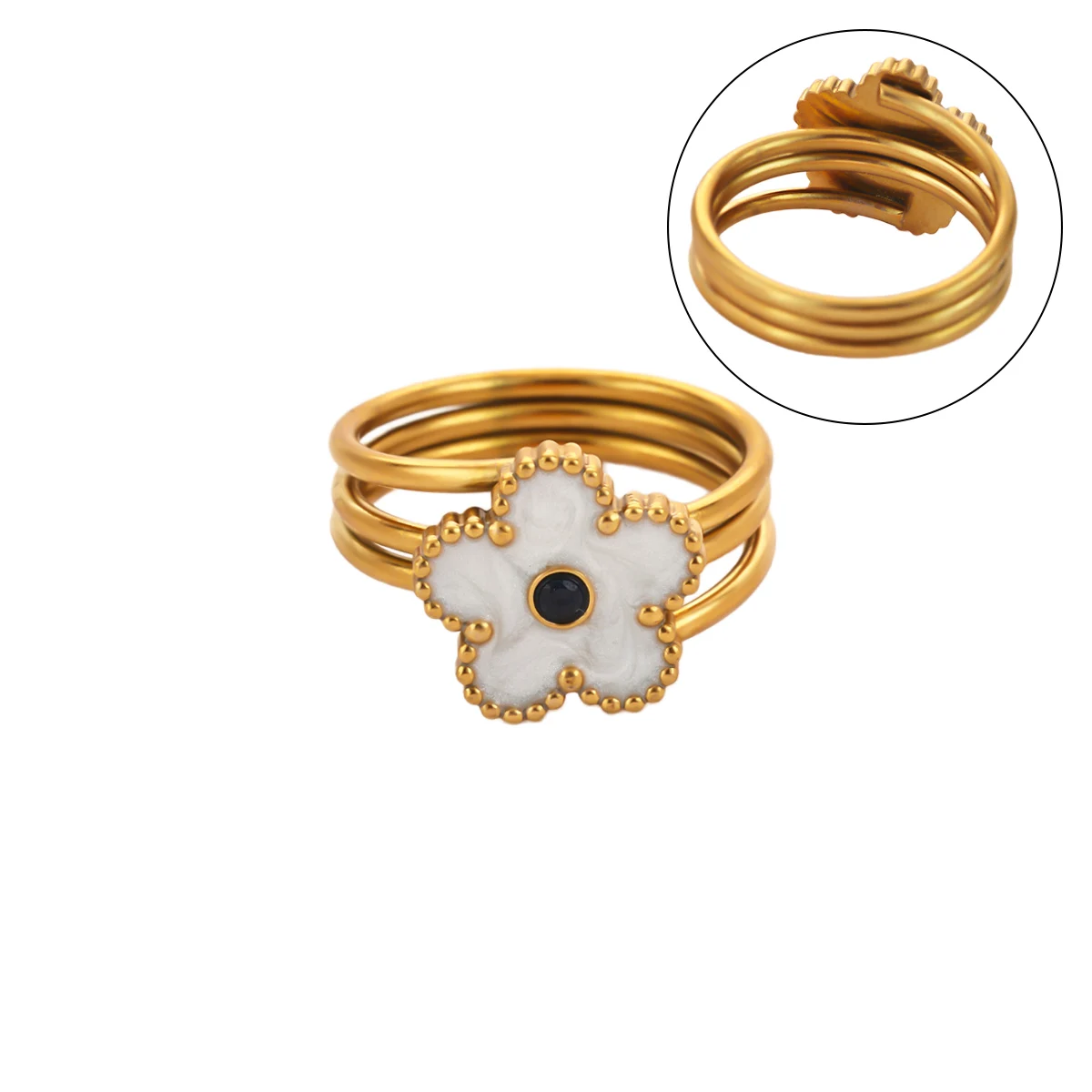 Vintage Weißer Emaille-Blumenring für Damen, Goldfarben, Edelstahl, Mehrschichtiger Gestapelter Ring mit Schwarzer Blume in der Mitte, Statement-Schmuck – Detail 6