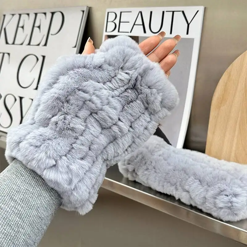 New Arrival Rabbit Fur Gloves Winter Knitted Warm Real Rex Rabbit Fur Mittens Women Elastic Knit Fur Mitten Real Fur Gloves