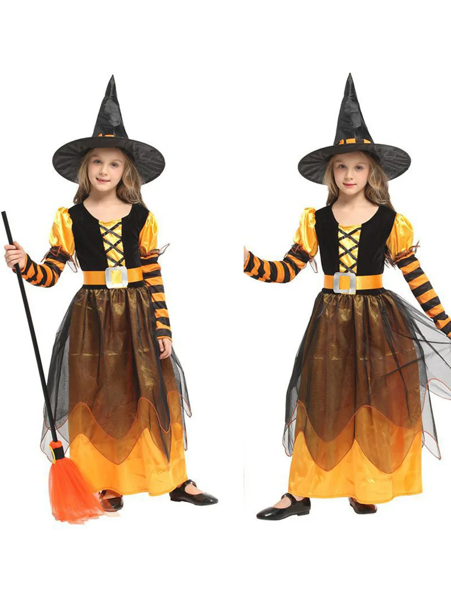 Kinder Rollenspiel-Kostüm Mädchen Hexen-Cosplay-Kleid mit Hut Besen Langarm Tüll Halloween Kostüm für Karnevalsparty – Detail 10
