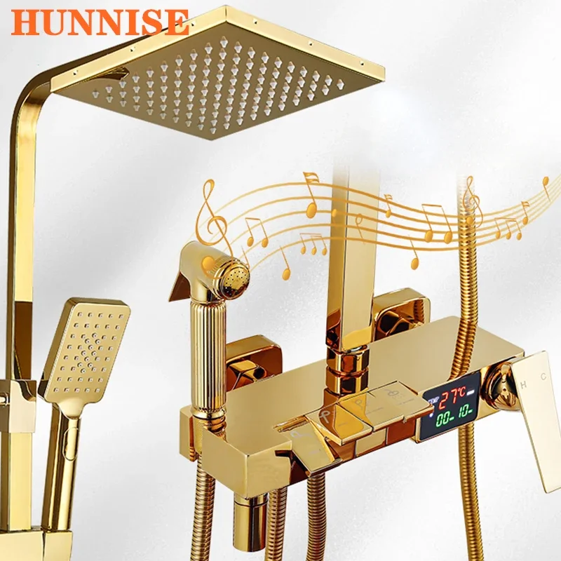 

Hot Cold Digital Bathroom Shower Set HUNNISE Solid Brass Bathroom Mixer Faucet Rainfall Shower Head Gold Thermostatic Shower Set