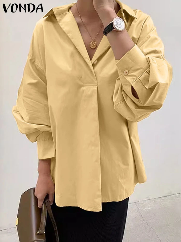 

VONDA Fashion Blouse Women Lapel Long Sleeve Solid Color Shirts Pullovers 2025 Autumn Elegant Office Lady Tops Tunic Streetwear