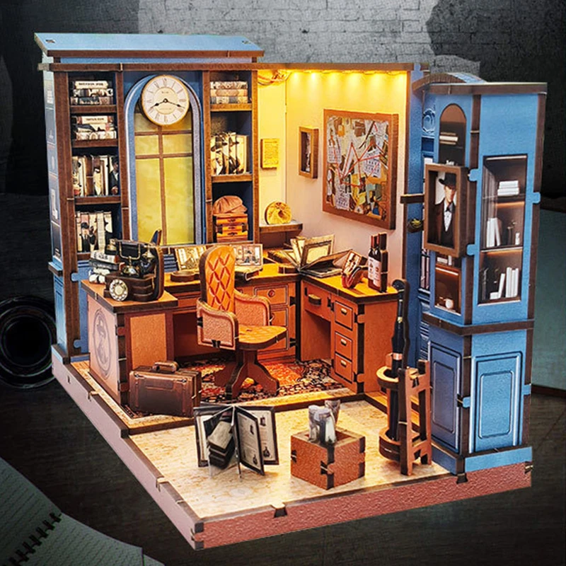 DIY Houten Miniatuur Bouwpakketten Detective Office Cottage Poppenhuizen Met Meubels Casa Poppenhuizen voor Vrienden Verjaardagscadeau