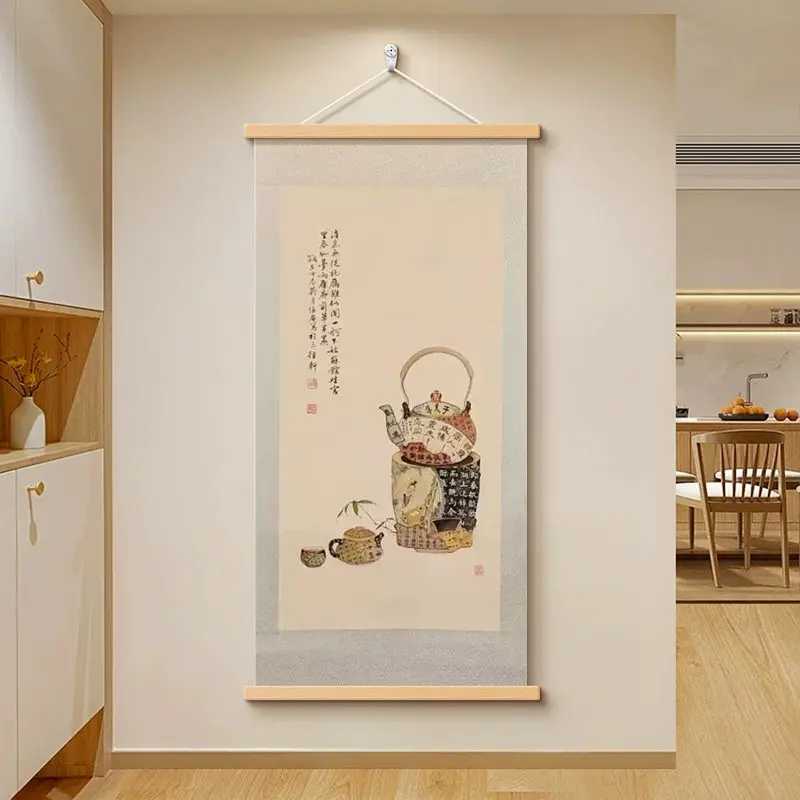 Wall Art Tea Leaves and Mountain Silhouette Vintage Chinese Pearlescent Canvas Hanging Scroll with Wooden Rods for Tea Room