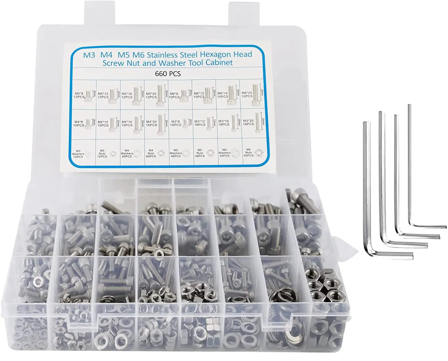 Machine Metric Screws Assortment Kit With 660 Pcs  M6 M5 M4 M3 Stainless Steel  Nuts&Bolts&Wrenches&Socket Head&Flat Washers