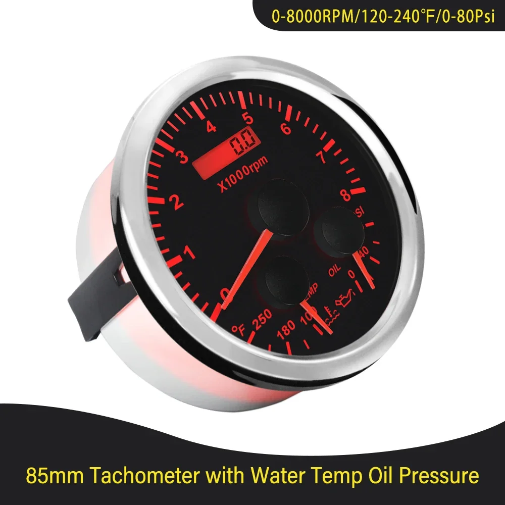 Waterproof 85mm GPS Speedometer Odometer with Fuel Level Tachometer Water Temp Oil Pressure Red Backlight for Car Boat Universal