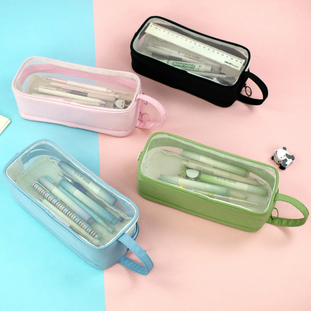 Double-layer transparent mesh pencil case casual multi-layer satchel pencil case large-capacity student exam-specific