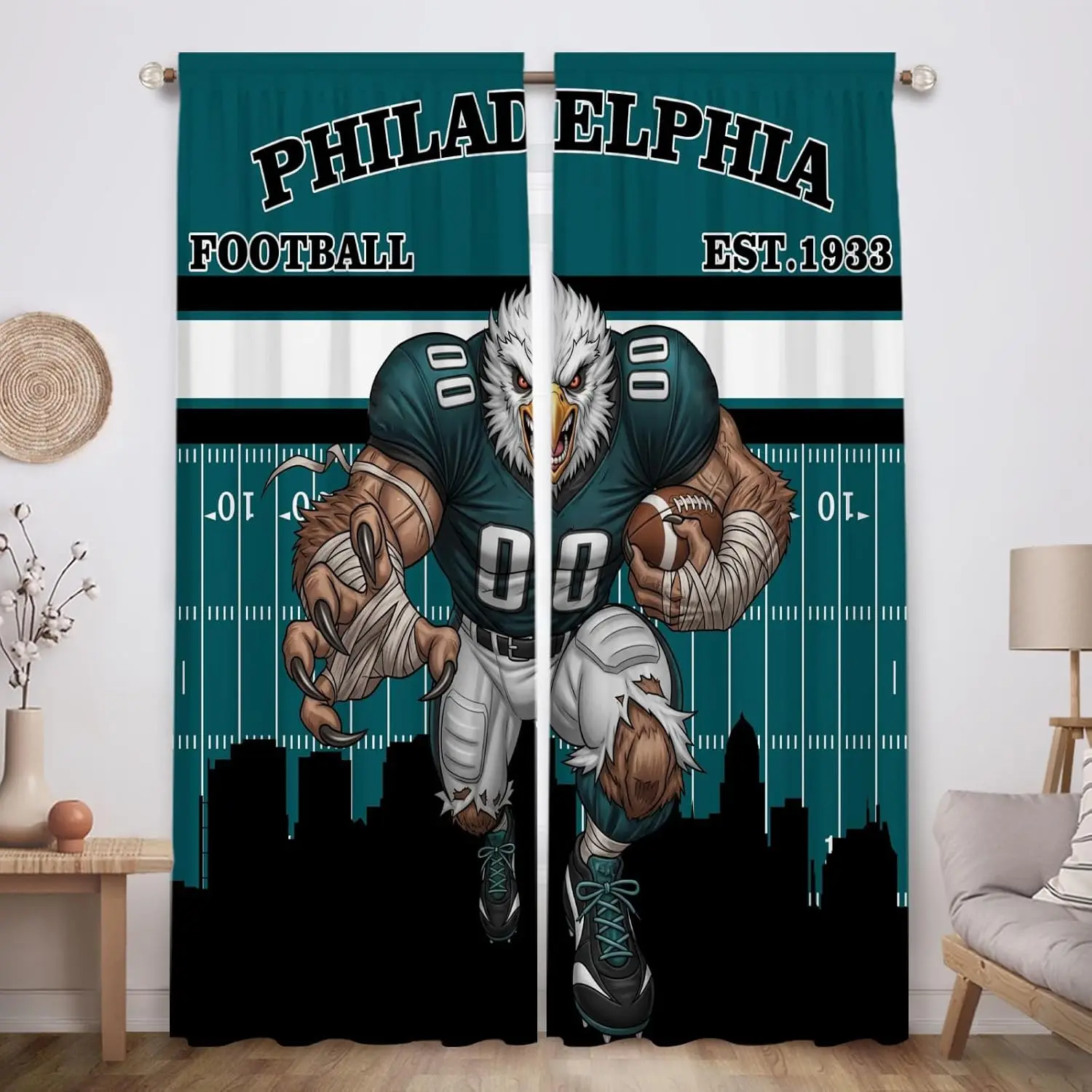 Vibrant Philly Eagle Mascot Theme Curtain 2 Panels Teal Black Stripe Football Field Print Window Curtain Sport Masculine Home