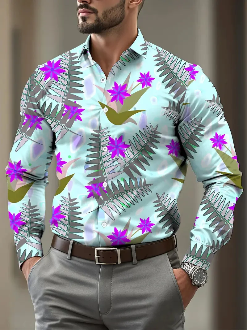Men's Long Sleeve Shirt Button Shirt Spring Summer Casual Shirt 3D Leaf Print Long Sleeve Daily Fashion Comfort