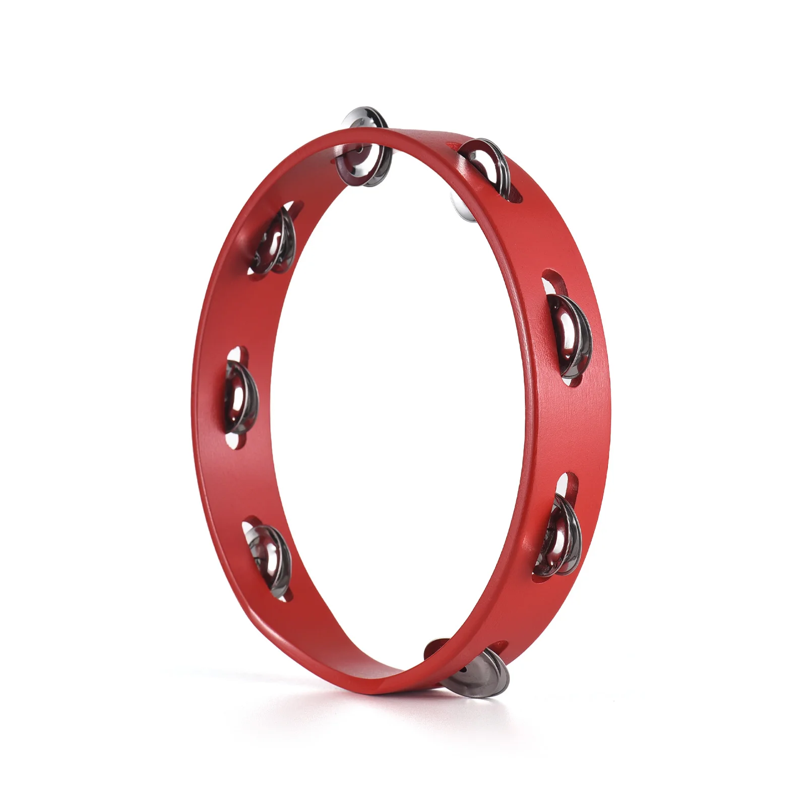 

10-inch Red Wooden Tambourine with Single Row Metal Bell Rings Hand Cranked Percussion Instruments for Adults Home School Party
