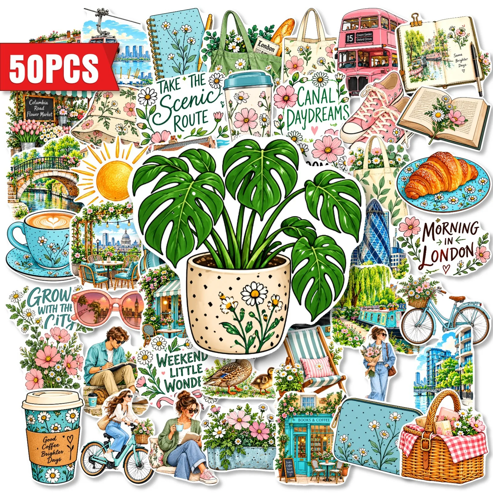 50 PCS Ins Fresh Spring Exquisite Life Element Decorative Stickers Hand Account Water Cup Wall Window Phone Waterproof Decals