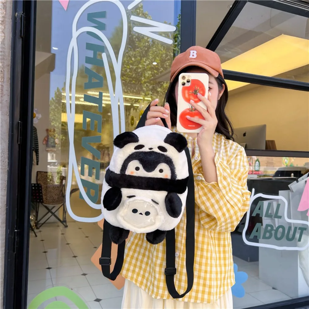 Mochila suave de dibujos animados de Panda y pingüino, mochila de felpa blanca y negra, gran capacidad, estilo de moda