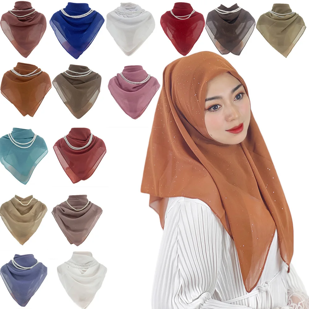 85*85CM Square Chiffon Hijab Solid Color Muslim Head Scarf Women Shawl and Wrap Headband Foulard Bandana Bufandas With Necklace