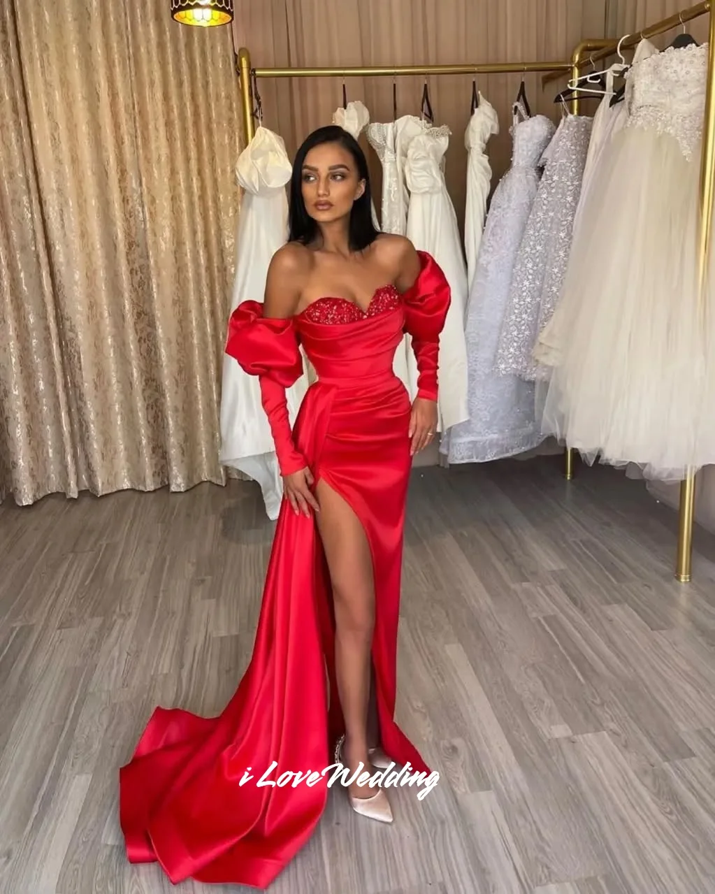 

Red Strapless Evening Dresses 2025 Off Shoulder Beaded Mermaid Prom Dress Floor-Length Pleated Wedding Party Dresses Customized