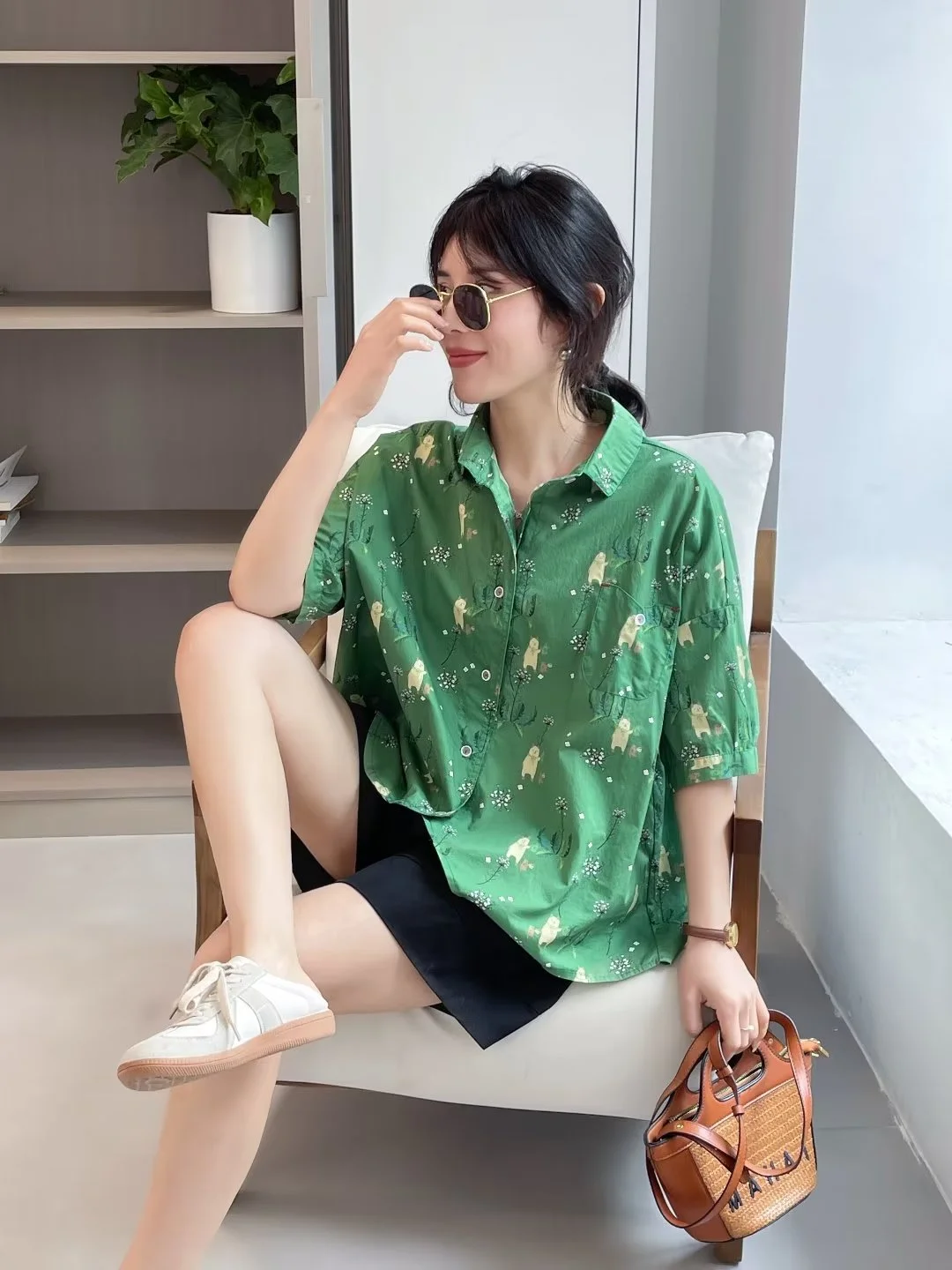 Bust 136cm plus size tops harajuku fashion women short sleeve blouse cartoon printed green shirts cotton large size tops y2k