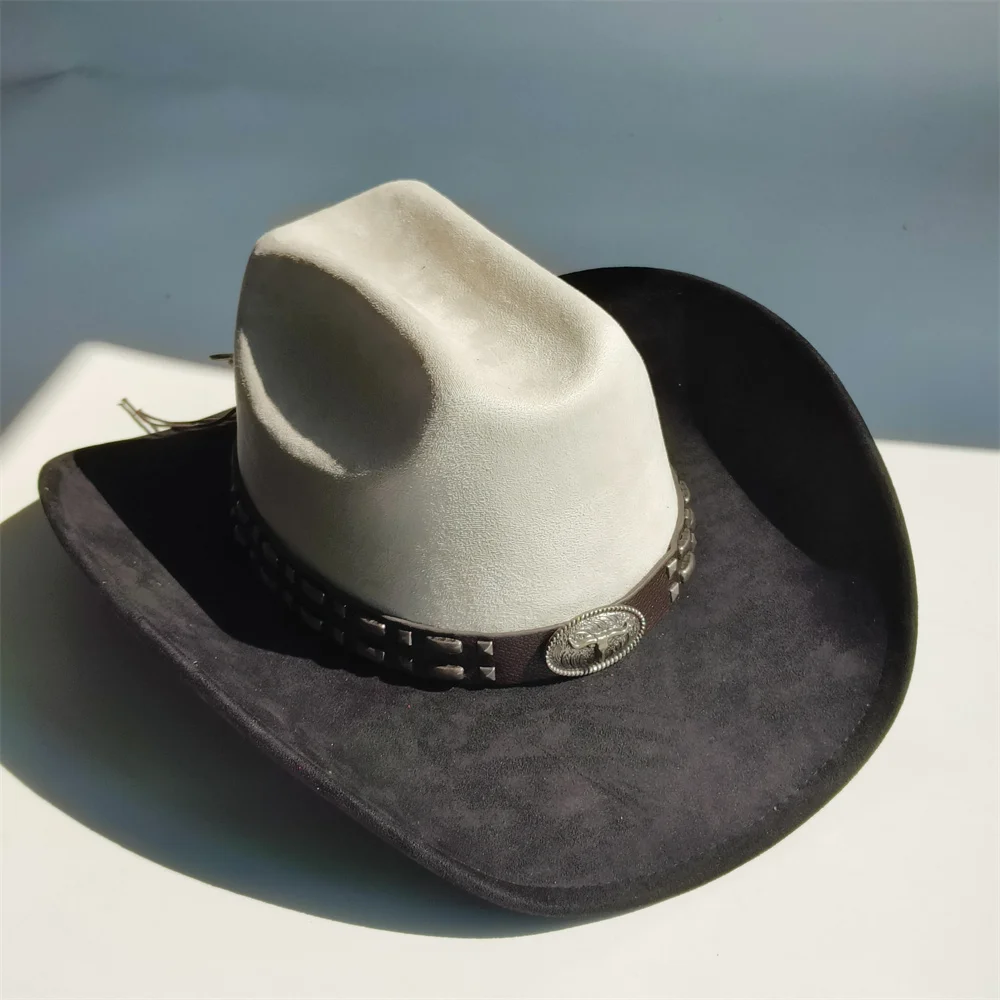 Western Cowboy Hat Women Men Two Tone Suede hat Bull Skull Buckle Leather Band Studded Rivet Rodeo Jazz Hats Country Music Cap