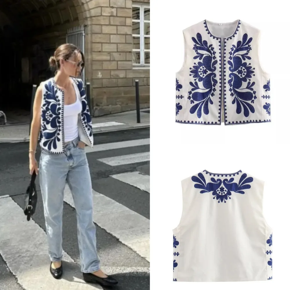

Summer Women Sleeveless Embroidered Vest Causal Female Vintage Boho Vest Woman Cropped Jacket Waistcoat Women Cardigan