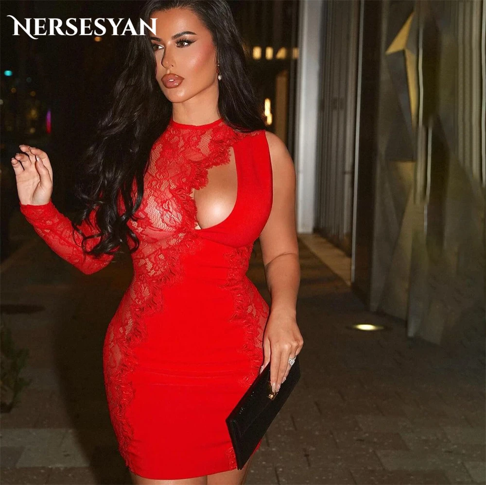 

Nersesyan Red Lace Sexy Evening Dresses O-Neck Bodycon Solid One Sleeves Prom Dress Mini Occasional Cocktail Party Gowns 2024