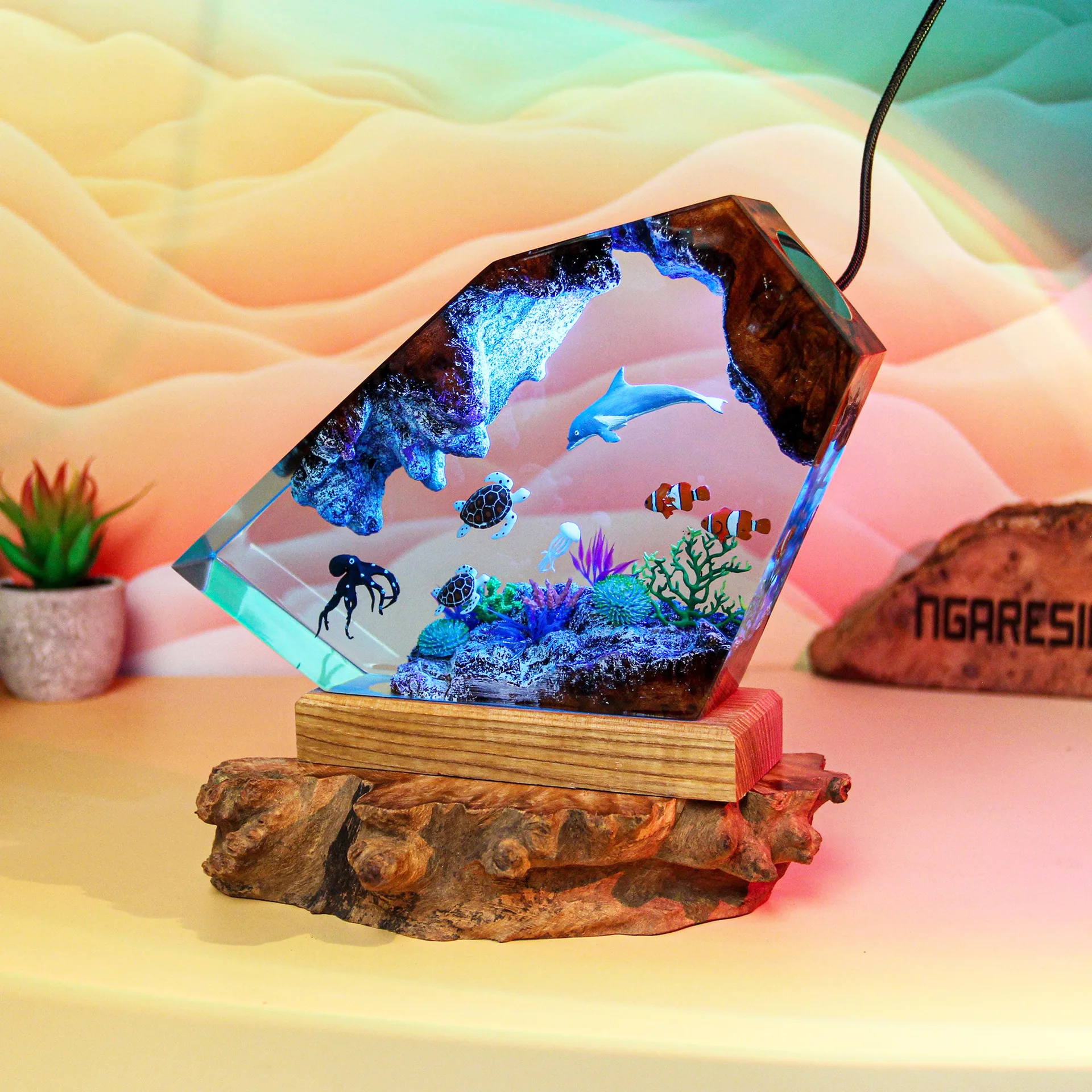 Ozean Organismus Harz Lampe Marine Leben Tisch Licht Kreative Kunst Dekoration Lampe Unterwasser Landschaft Nachtlicht USB Ladung