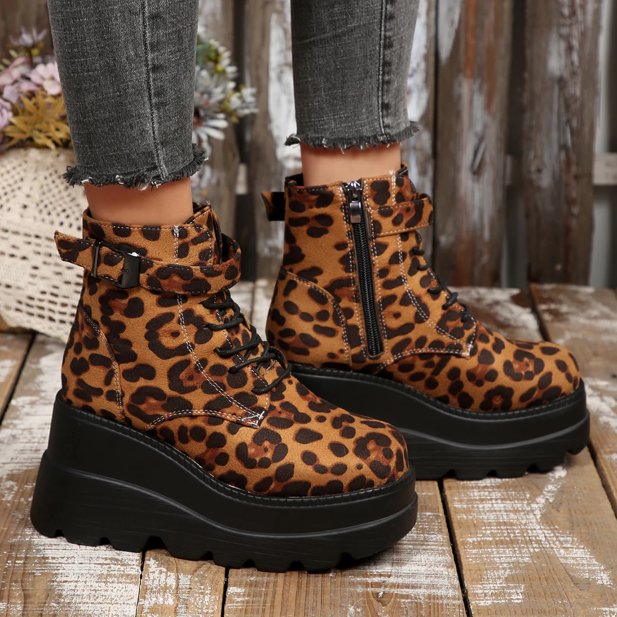 Women 2025 Leopard Plus Size Ankle Boots Side Zip Front Lace-up High Heels Shoes Wedges Platform Comfortable Outdoor Boots