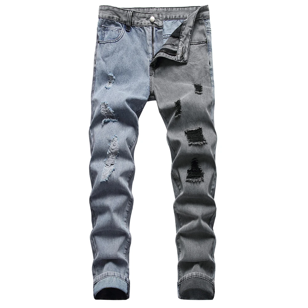 Men's Ripped Denim Jeans Streetwear Two-Tone Distressed Patchwork Pants Gray Blue Non Stretch Cotton Slim Straight Trousers