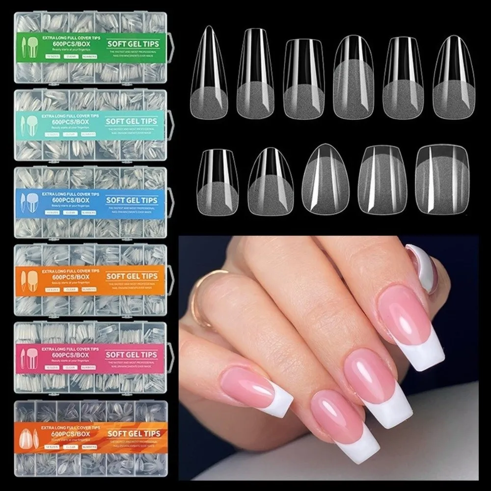 600pcs Ultra-Thin Short Nail Tips Short Square Coffin Almond Shape Clear Extension Nail Forms No-Trace Nail Tips Manicure Tools