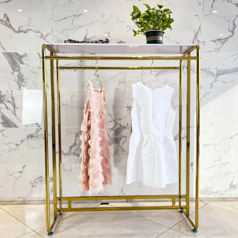 custom.Wholesales Floor Double Clothes Hanging Rail Stand Shelves Metal Frame Garment Stand Middle Stores Gold Clothing Rack