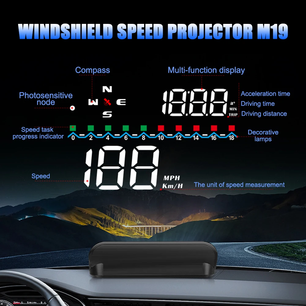 On-board computer M19 HUD, car Head-up Display, GPS Speedometer, Clock, Driving Distance and Time, with Compass and Alarm System