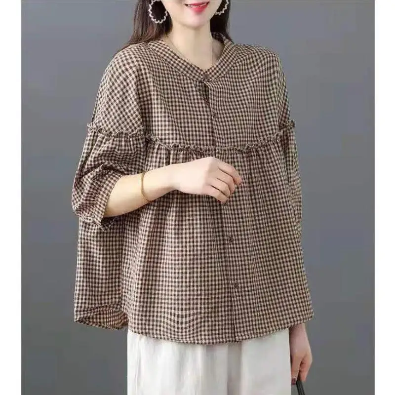 النمط الياباني القطن والكتان منقوشة قميص المرأة الصيف جديد خمسة بوصة كم الإناث بلوزة أزياء المرأة قمم