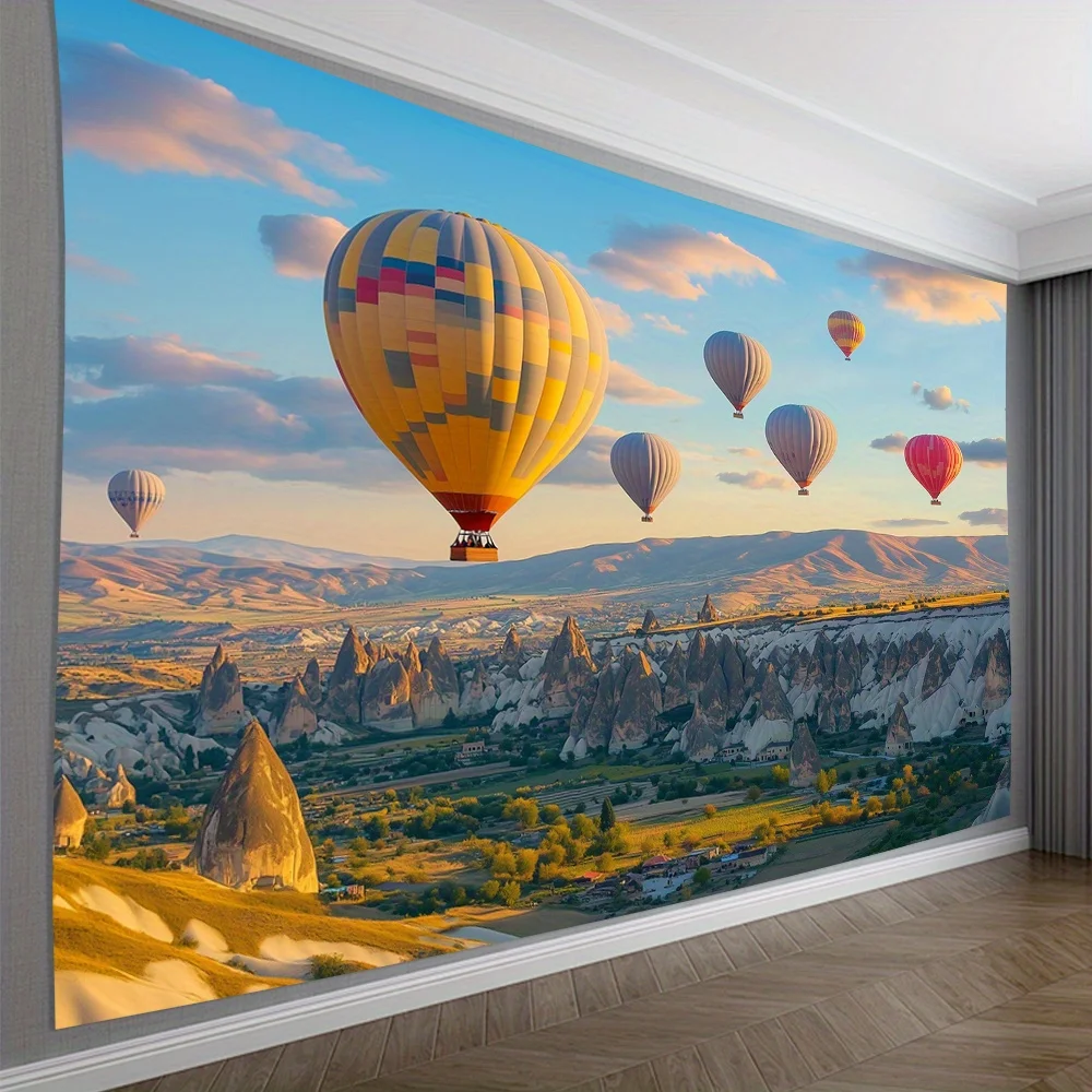 Hot Air Balloon Tapestry, Colorful Balloons over Cappadocia Landscape, Travel Scenery Wall Art for Living Room Bedroom Decor