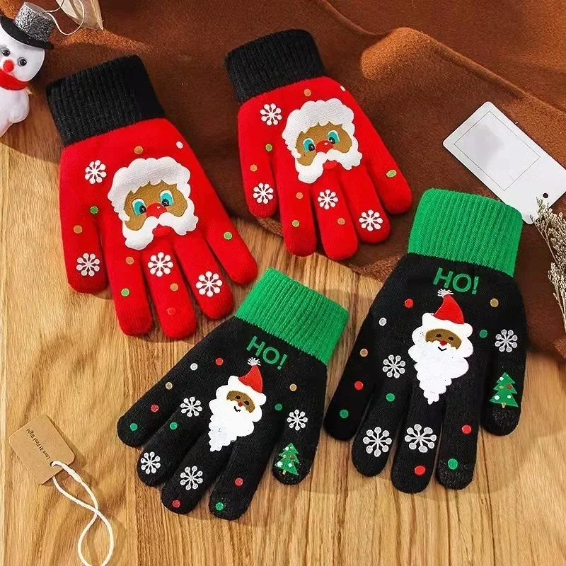 

1/4Pairs Red Christmas Gloves Women Knitted Autumn Winter Snowflake Santa Mittens Printing Pattern Full Finger Skiing Gloves