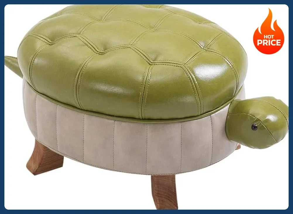 [Hot Sale!]Animal Footstool Turtle Upholstered Ottoman PU Leather Pouf Wood Foot Stool Rest for Living Room Bedroom Sofa Bench S
