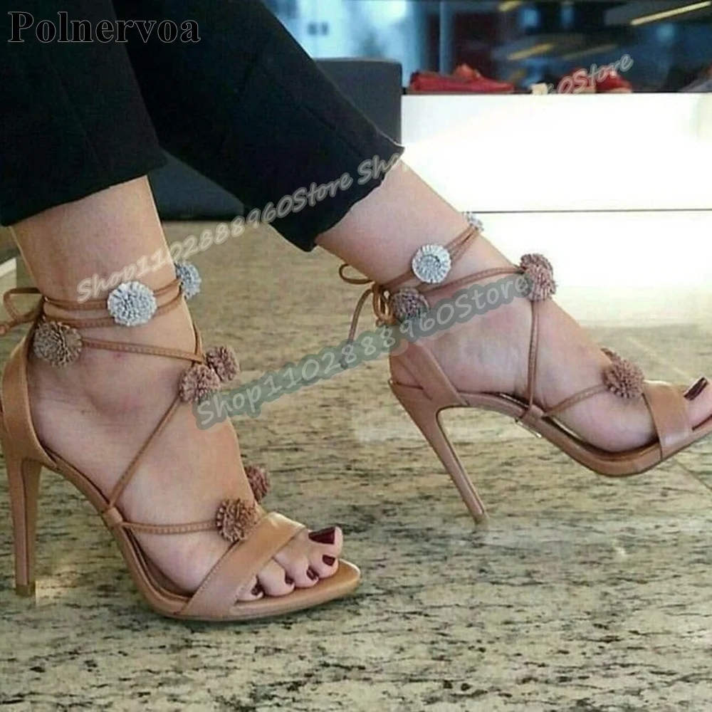 

Trendy Brown Fur Ball Decoration Sandals Stilettos High Heel Shoes For Women Lace Up Open Toe Stylish Party Zapatos Para Mujer