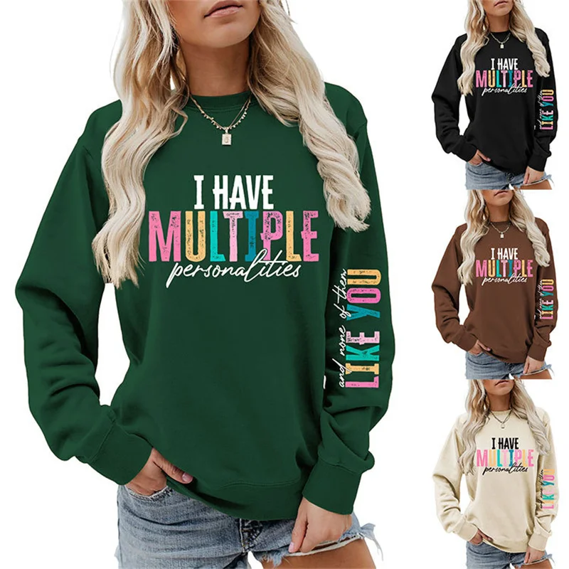 

New cotton women's retro round neck comfortable everything i have multiple personalities printed arm hoodie