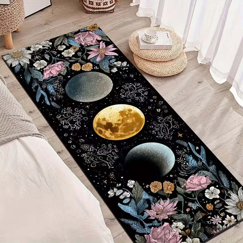 Mystical Moon Phase Floral Runner Rug Boho Celestial Star Flower Long Hallway Rug for Bedroom Corridor Indoor Home Art Decor