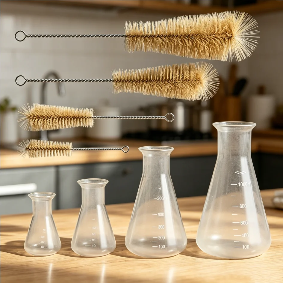 Juego de Frascos Erlenmeyer de Plástico con Cepillo de Limpieza, Frascos Cónicos Graduados Multiusos para Laboratorio y Cocina