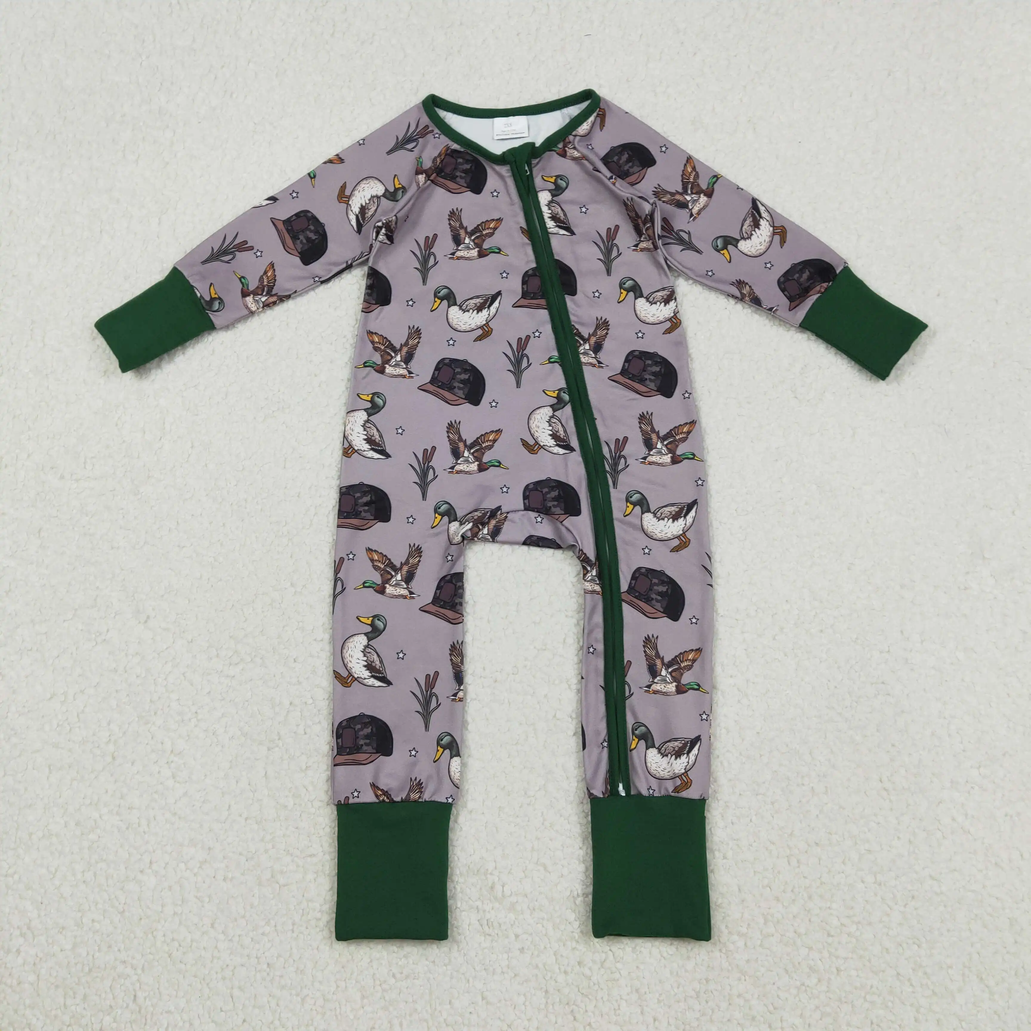 

X12.15 LR2886 New Spring Baby Boys' Romper - Duck Hat Gray-Green Zipper Long-Sleeved Rompers