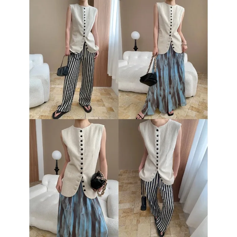 French vintage linen multi-button waistcoat with a waist-cinching design for a slim fit, new style for 2025.