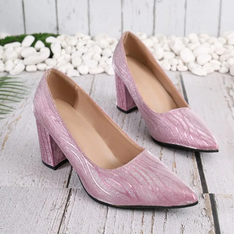 Women's Pumps Pointed Toe High Block Heel Slip on Footwear Featuring Metallic Look Finish and Wavy Pattern Evening Party Shoes