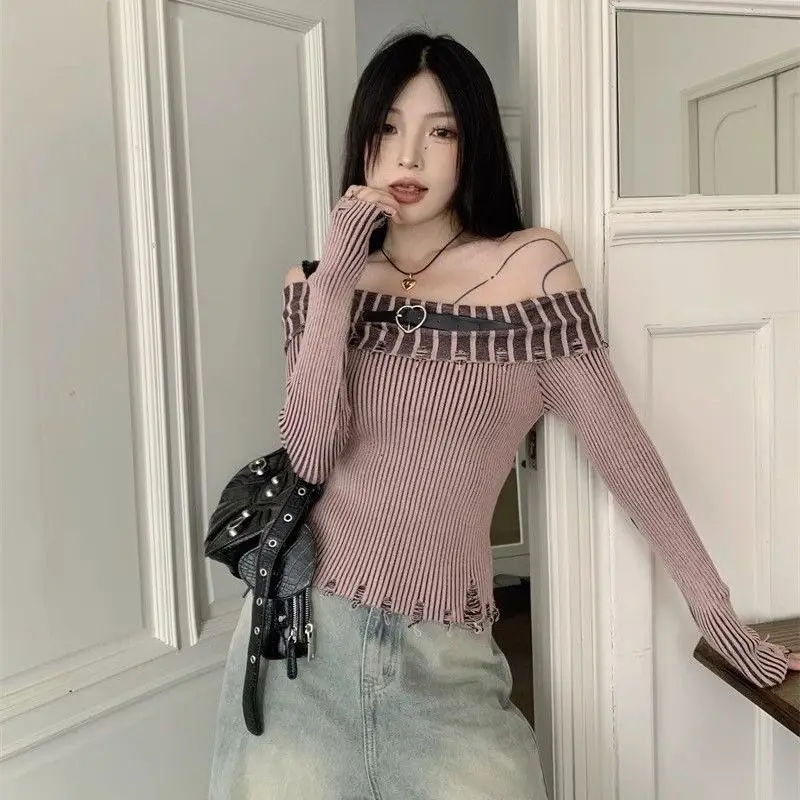 

Women Clothing Spring Autumn Fashion Simplicity Trend Sexy Contrasting Colors Slash Neck Ladies Appear Thin Long Sleeve Cardigan