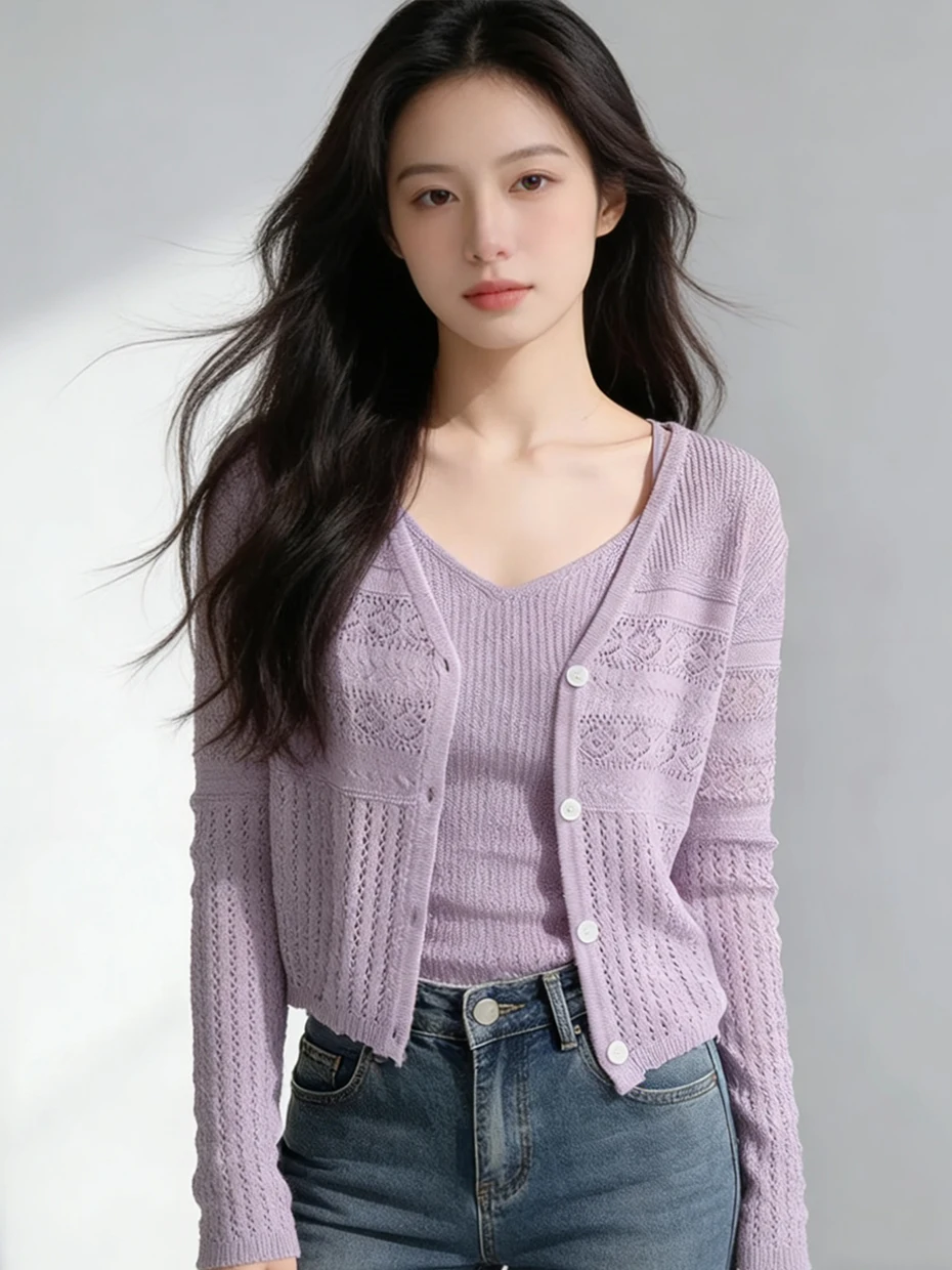 

Light Purple Knitted Open Cardigan Women's Spring Thin Outerwear Skirt Top Set V-neck Long Sleeve Polyester Fiber Commute Style