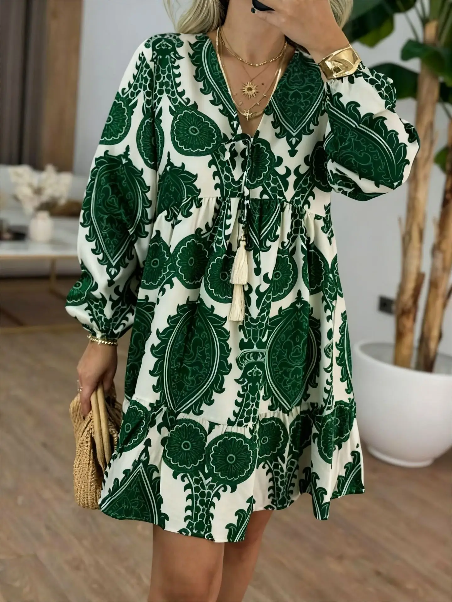 

National Style Floral Print V Neck Long Sleeve Mini Dress with Tassel Tie Ruffled Hem Bohemian Clothes Woman Dresses