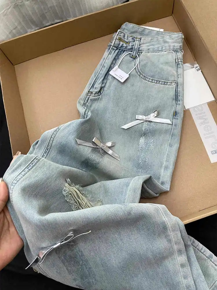 

Women Baggy Y2k Ripped Bow Jeans Harajuku Streetwear Oversize Denim Trousers Vintage Jean Long Pants Japanese 2000s Clothes 2025