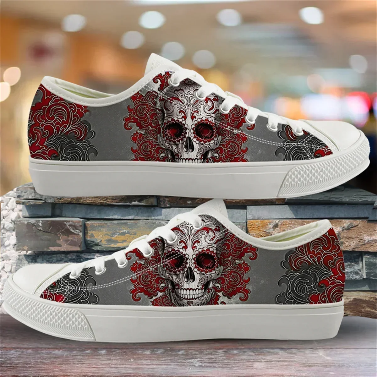 

Gothic Skull Print Lace Up Vulcanized Shoes Breathable Casual Ladies Canvas Flat Shoes Teenager Fitness Light Running Sneakers