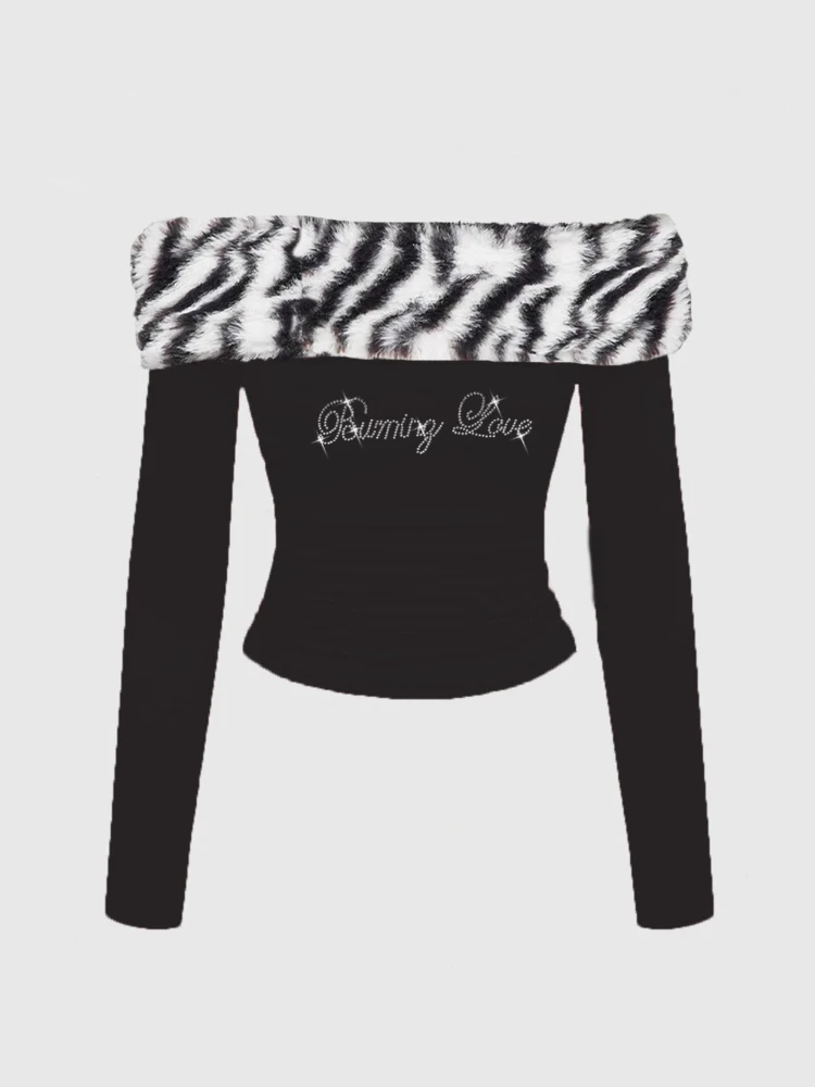Autumn's new spicy girl style leopard print fur collar one-shoulder sexy off-the-shoulder slim long-sleeved T-shirt for women