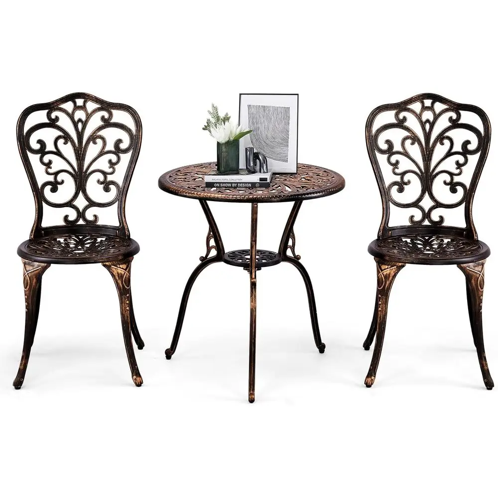 

Outdoor Cast Aluminum Patio Table and Chairs Set of 3 with Umbrella Hole for Garden, Balcony in Bronze